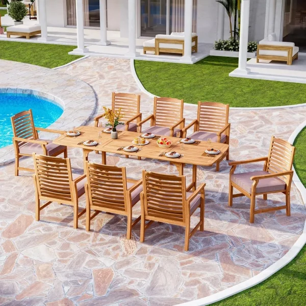 9 Pieces Acacia Wood Patio Dining Table & Wooden Chairs with Cushions