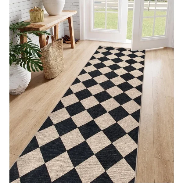 Checkered Jute Rug; Non Slip; Washable Indoor/Outdoor Carpet