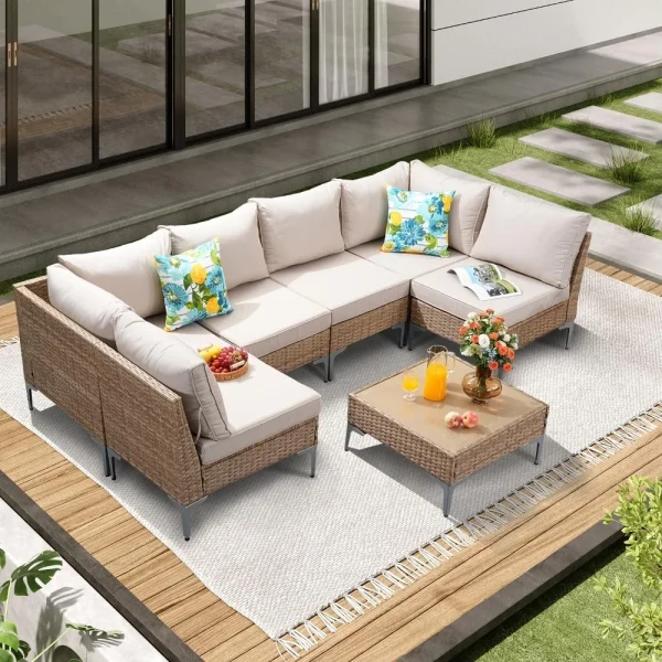 7 Piece Wicker Outdoor Sectional Patio Furniture Set