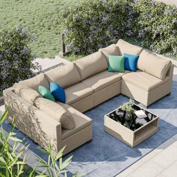 7-Piece Patio Furniture Set, All-Weather Outdoor Sectional Sofa with Water Resistant Cushions