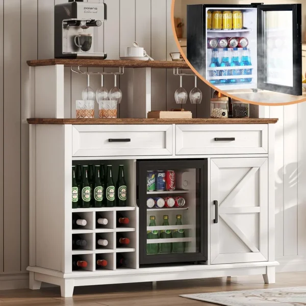 Farmhouse Coffee Bar Cabinet with 15" Refrigerator & Wine Rack